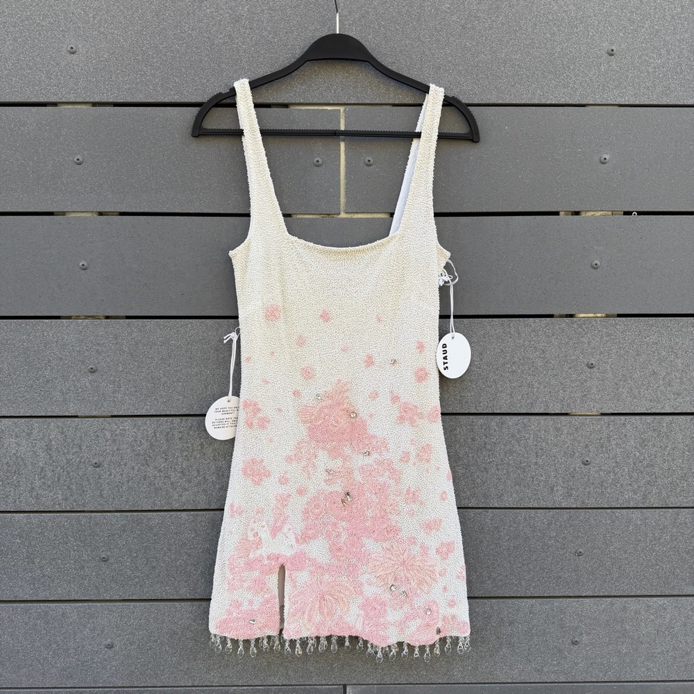 STAUD Le Sable beaded mini dress in Ivory Cherry Blossom Toilet XS